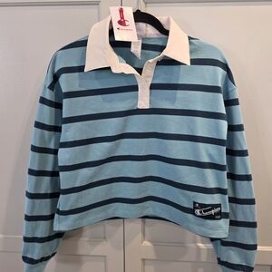 Women's Champion Point Cropped Rugby Tee XS NWT Milky Way Blue